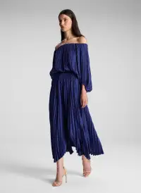 Sienna Satin Pleated Off Shoulder Dress(Riviera,XXS)