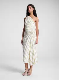 Carolyn One Shoulder Striped Midi Dress(Canary Stripe,00)