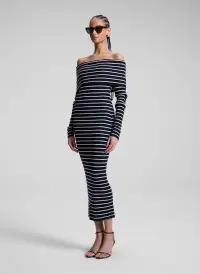 Evelyn Merino Off Shoulder Midi Dress(Midnight/White,XS)
