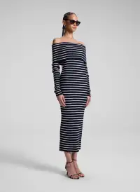 Evelyn Merino Off Shoulder Midi Dress(Midnight/White,XS)