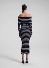 Evelyn Merino Off Shoulder Midi Dress(Midnight/White,XS)