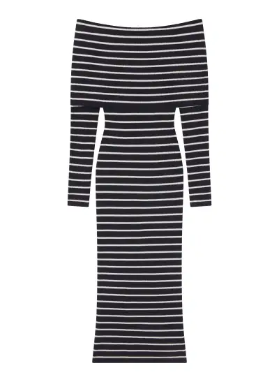 Evelyn Merino Off Shoulder Midi Dress(Midnight/White,XS)