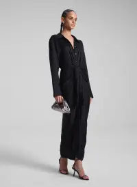 Mila Satin Maxi Shirtdress(Black,00)
