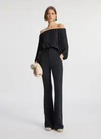 Sienna Satin Pleated Off Shoulder Top(Black,XXS)