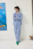 Schostal x Alex Mill Striped Long Sleeve Pajama Set(Navy Stripe,40)