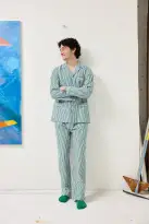 Schostal x Alex Mill Striped Long Sleeve Pajama Set(Green Stripe,40)