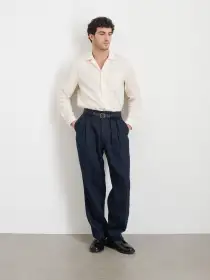 Daniel Pleated Trouser In Linen Herringbone(Navy/Black,28)
