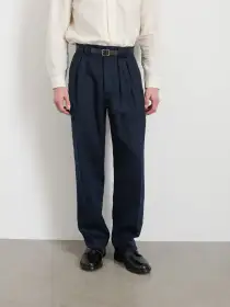 Daniel Pleated Trouser In Linen Herringbone(Navy/Black,28)