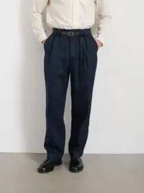 Daniel Pleated Trouser In Linen Herringbone(Navy/Black,28)