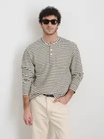 Alan Striped Henley in Cotton(Natural/Black,XS)