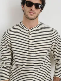 Alan Striped Henley in Cotton(Natural/Black,XS)