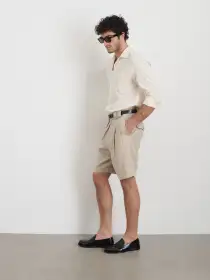 Daniel Pleated Shorts In Linen Herringbone(Flax,28)