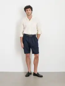 Daniel Pleated Shorts In Linen Herringbone(Navy/Black,28)