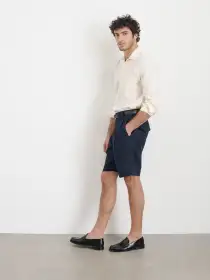 Daniel Pleated Shorts In Linen Herringbone(Navy/Black,28)