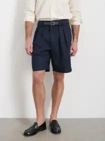 Daniel Pleated Shorts In Linen Herringbone(Navy/Black,28)