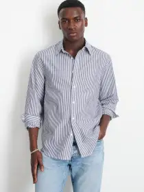 Mill Shirt in Striped Cotton Poplin(Navy/White,XS)
