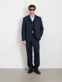 Daniel Four Button Blazer In Linen Herringbone(Navy/Black,XS)