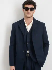 Daniel Four Button Blazer In Linen Herringbone(Navy/Black,XS)