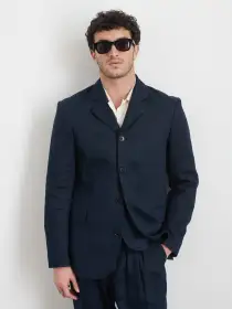 Daniel Four Button Blazer In Linen Herringbone(Navy/Black,XS)