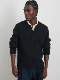 Sawyer Ribbed Henley Sweater(Marled Navy,XXS)