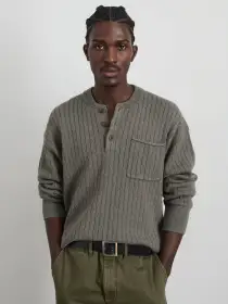 Sawyer Ribbed Henley Sweater(Heather Olive,XXS)