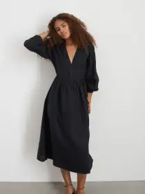 Lauren Wrap Dress In Linen(Rich Black,XS)
