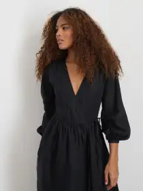 Lauren Wrap Dress In Linen(Rich Black,XS)
