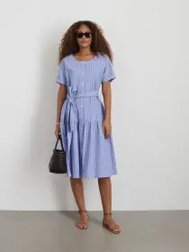 Josie Stripe Dress in Cotton Poplin(Blue/Off White,XS)