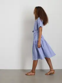 Josie Stripe Dress in Cotton Poplin(Blue/Off White,XS)