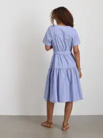 Josie Stripe Dress in Cotton Poplin(Blue/Off White,XS)