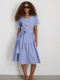 Josie Stripe Dress in Cotton Poplin(Blue/Off White,XS)