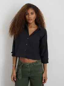 Cropped Jo Shirt in Cotton Poplin(Black,XS)
