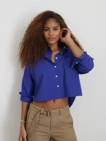 Cropped Jo Shirt in Cotton Poplin(Royal Blue,XS)