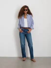 Cropped Striped Jo Shirt in Cotton(White/Blue Stripe,XS)
