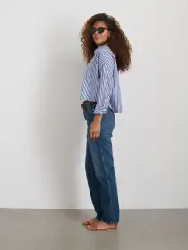Cropped Striped Jo Shirt in Cotton(White/Blue Stripe,XS)