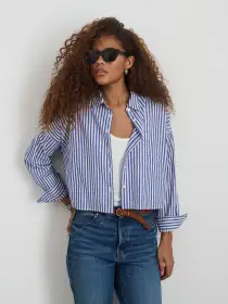 Cropped Striped Jo Shirt in Cotton(White/Blue Stripe,XS)