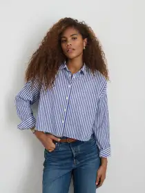 Cropped Striped Jo Shirt in Cotton(White/Blue Stripe,XS)