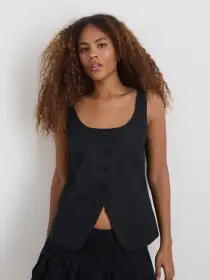 Soho Scoop Vest In Linen Cotton(Black,XS)