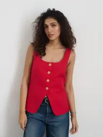 Soho Scoop Vest In Linen Cotton(Crimson,XS)