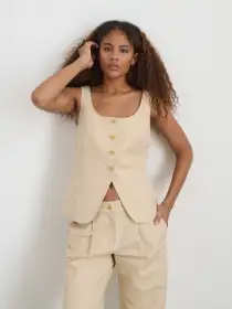Soho Scoop Vest In Linen Cotton(Tan,XS)