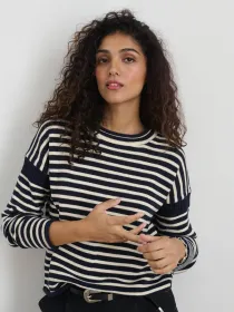 Mariner Striped Rollneck Sweater in Cotton(Navy/Ivory,XS)