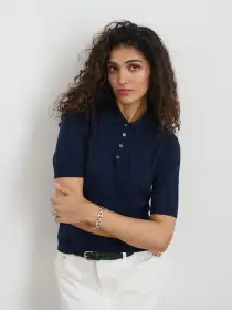 Ava Short Sleeve Polo in Extrafine Merino Wool(Navy,XS)