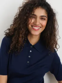 Ava Short Sleeve Polo in Extrafine Merino Wool(Navy,XS)