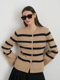 Provence Stripe Sweater Jacket In Cotton Cashmere(Cornsilk/Navy,XS)