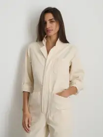 Standard Zip Jumpsuit in Herringbone(Off White,XS)