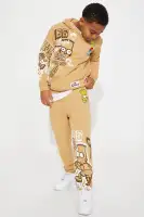 Mini Bart Graffiti Embroidered Fleece Jogger Set(Brown,4/5)