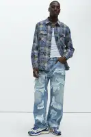 Charles Acid Wash Relaxed Flannel Shirt(Blue/combo,S)