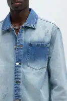 Sun Faded Denim Work Shirt(Light Wash,S)