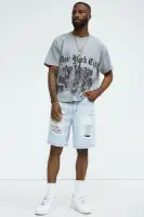 Classic Distressed Relaxed Denim Shorts(Light Blue Wash,30)