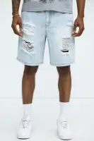 Classic Distressed Relaxed Denim Shorts(Light Blue Wash,30)